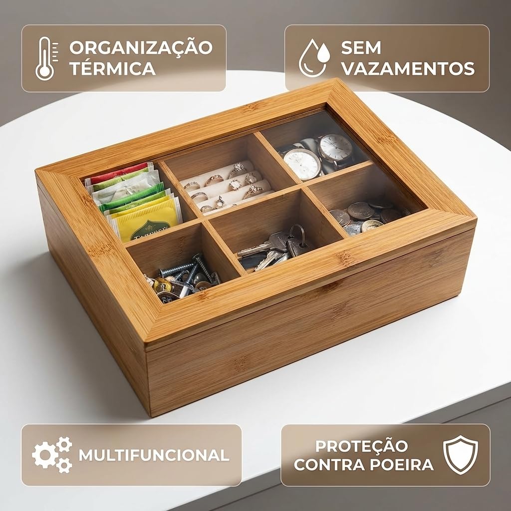 Caixa de Chá em Bambu Grande 60 Sachês 30cm Com 8 Divisórias Caixa de Chá em Bambu Grande 60 Sachês 30cm Com 8 Divisórias